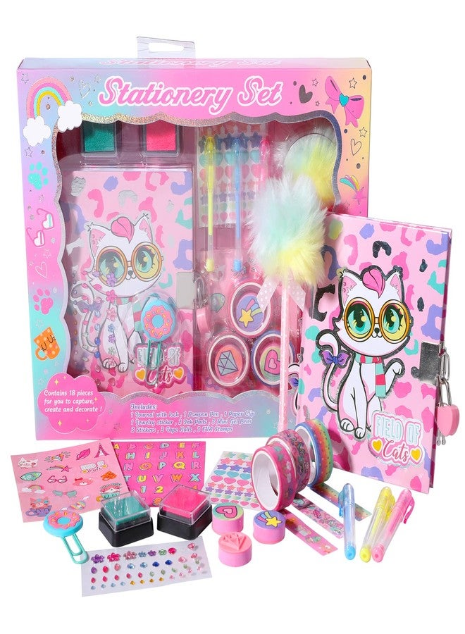 YOYTOO Cat Diary for Girls with Lock, Cat Stationery Set with Secret Diary, Stamps, Pens, Journal Notebook Birthday Gifts for Little Girls Age 5 6 7 8 9 10 - Image 1